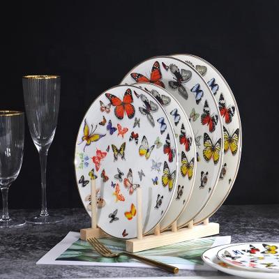 China Butterfly Pattern Sustainable Ceramic Dinnerware Set Gold Rim Dinner Plate Porcelain Tableware Dish for sale