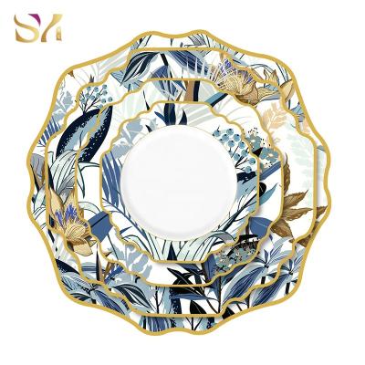 China Viable New Arrival Antique Cheap Blue Charger Plates 4pcs Porcelain Plate Set With Gold Rim for sale