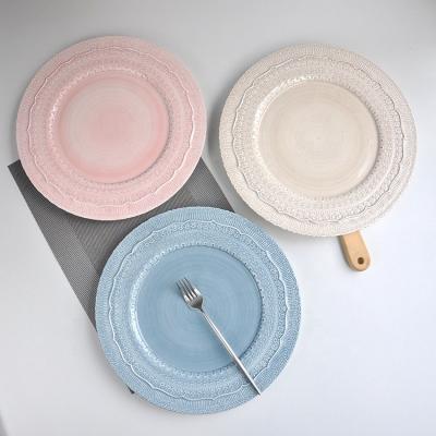 China New Design Sustainable Dinnerware Set Pink Ceramic Pottery Lace Rim Charger Dish To Wedding Decor for sale