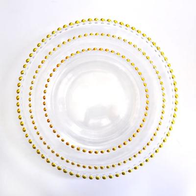 China Sustainable Wedding Clear Glass Gold Beaded 13 Inch Charger Dishes , Dinner Platter for sale