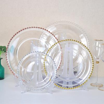 China Sustainable Wholesale Clear Round Black / Silver / Rose Gold Charger Beaded Glass Dishes For Wedding Tables for sale