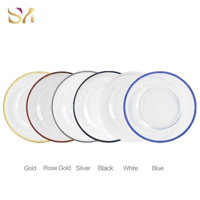 China Wholesale White/Viable Black/Silver/Rose Gold Rim Charger Glass Dishes Clear Dinner Plate Set For Wedding Reception for sale