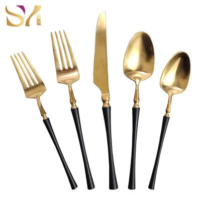 China Sustainable Wholesale Banquet Used Stainless Steel Flatware Set Black Gold Polishing Cutlery For Cafe Hotel for sale