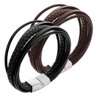 China Wholesale Customized Bulk OEM Stainless Steel CLASSIC Wrist Magnetic Black Real Braided Masculine Men's Genuine Leather Bracelet for sale