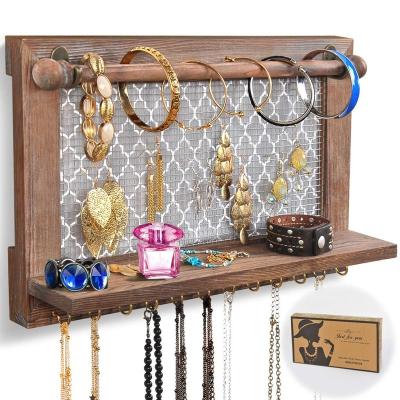 China Rustic Wall Mounted Wooden Organizer Jewelry Holder with Hooks Shelf for Hanging Earrings Necklaces Bracelets Other Accessories for sale