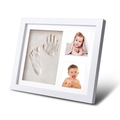 China Keepsake Baby Photo Frame with Oak Wood Baby Hand Print Kit Clay Baby Foot Print Picture Frame for sale