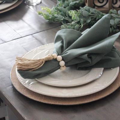 China Natural White Wood Vintage Napkin Rings Farmhouse Pearl Tassels Set of 4 for sale