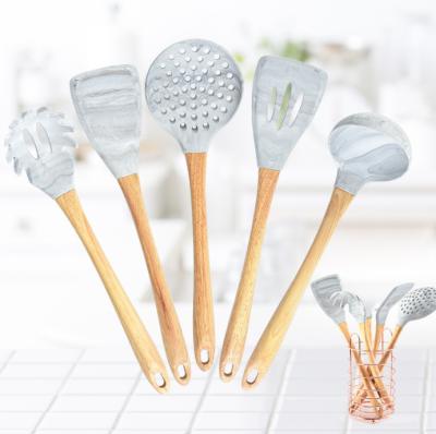 China Sustainable 5 Piece Silicone Cooking Kitchen Utensil Set Tools With Wooden Handles Turner Tongs Spatula Spoon for sale