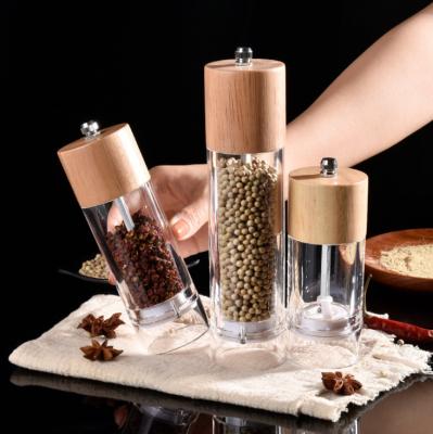 China Best viable natural oak wood and acrylic glass refillable set of sea salt pepper grinders for sale