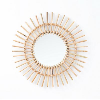 China Rustic Natural Sun Shape Mirror Round Decor Wicker Wall Bedroom Bathroom Rattan Decorative Mirror for sale