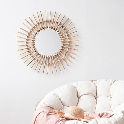 China Contemporary Rattan Framed Wall Mirror Bathroom Makeup Mirror Decorative Round Glass for sale