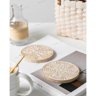 China Sustainable high quality nordic decorative rubber wood carved wooden drink tea coaster set for home decorations for sale