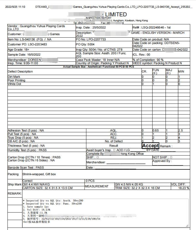 Game cards inspect report - GUANGZHOU YUHUA PLAYING CARDS CO.,LTD.
