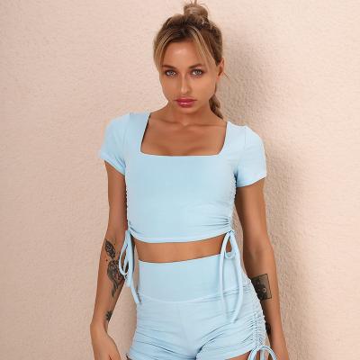 China QUICK DRY Sexy Ribbon Top Solid Color Yoga Women's T-Shirt Sports Running Gym Fitness Sport Clothes Women for sale