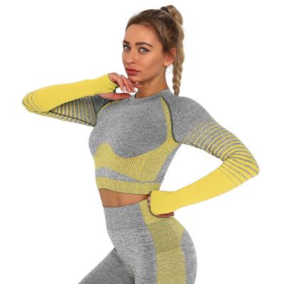 China Custom Women Fitness Clothing Breathable High Quality Folding Print Workout Seamless Tops Sport Wear Yoga Long Sleeve for sale