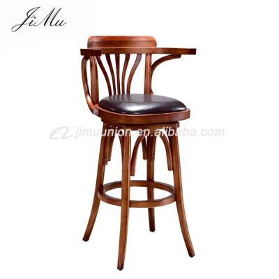 China Wholesale Antique Solid Wood Nightclub Furniture Louise Carving Wooden Bar Stool Chair 4 Leg Bar Stool With Armrest for sale