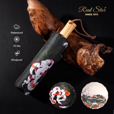 China Luxury Real Morden Star Traditional Style 16 RST Chinese Ribs Bend Umbrella Gold Wood Handle Frame UV Sun Protect Umbrella for sale