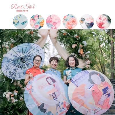 China RST Traditional Luxury Wooden Umbrella Full Printing 24 Ribs Fiberglass Traditional Chinese Traditional Paper Like Luxury Lady Umbrella for sale