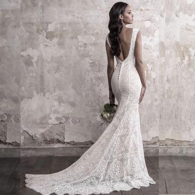 China LUWEIYA Elegant Lace Dress Pattern Women Bridal Gowns Anti-static White V-Neck Mermaid Wedding Dress Off-shoulder for sale