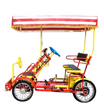 China OEM Passenger Single Row Single Pedal Bicycle Two Seater Tourist Surrey Electric Bike Quadricycle Bikes With 48V Shade Guided Car for sale