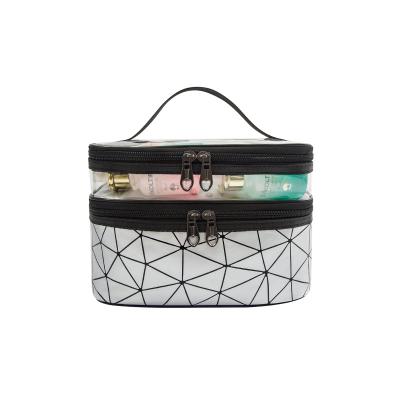 China New Lingge Shiny Double-Layer Portable Cosmetic Makeup Bag Large Capacity Travel Toiletry Storage Female Waterproof Bag for sale