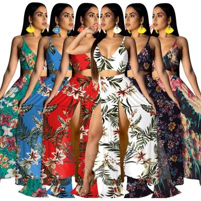 China Anti-pilling Summer Printing Sexy 2 Piece Beach Sets Women's Clothing Sling Crop Full Sets Long Split Skirts Suits for sale