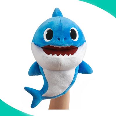 China Custom Stuffed Animal Hand Puppet Baby Blue Shark Puppet Plushie Preschool Education Plush Toys for sale