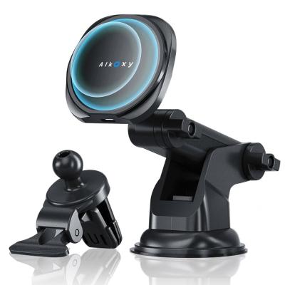 China Fast Charging 15W Magnetic Wireless Mobile Phone Holder Car Charger With Air Vent Clip Suction Cup Base en venta