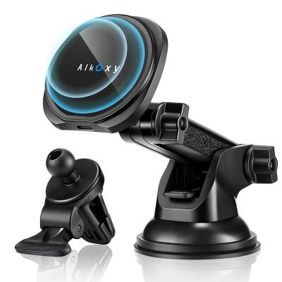 China 2021 New Arrival Auto Clamping Magnetic Wireless Car Charger with Phone Holder Air Vent Clip Suction Cup Base For Iphone 12 for sale