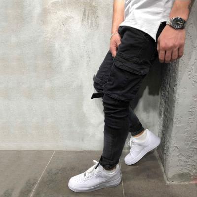 China New Men's Motorcycle Biker Jeans Slim Micro Fit Big Pocket Leisure Elastic Black Men's Simple Package Foot Breathable Shoulder Strap Pants for sale