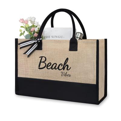 China Factory Wholesale High Quality Reusable Jute Bags With Ribbon Initials Jute Reusable Bags Personalized Custom Jute Bags Wholesale for sale