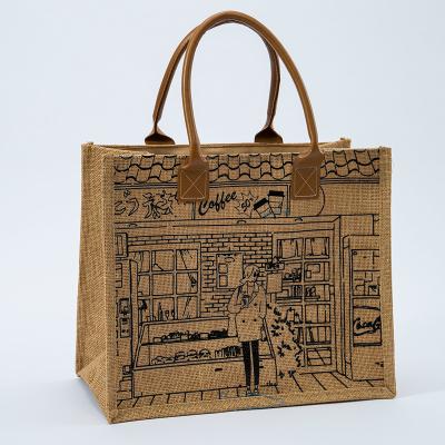 China Customized Eco-Friendly Hand Painted Hand Painted Jute Fabric Bag Reusable Tote Organizer Gift Jute Shopping Jute Bag for sale