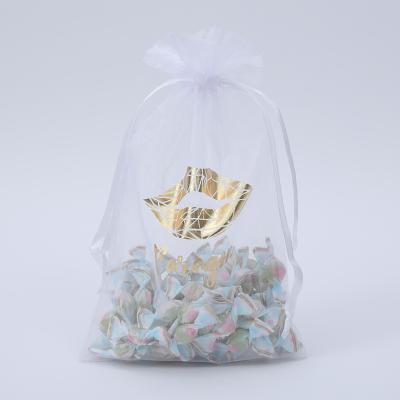 China Low MOQ Gold Text Organza Gift Bags Party Jewelry Bags With Drawstring Wedding Makeup Translucent Fruit Protective Bags for sale