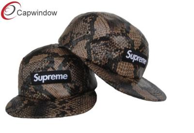 China Snakeskin Leather Supreme 5 Panel Camper Cap Custom Made Baseball Caps With Plastic Strap for sale