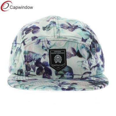 China Blue Floral Print Adjustanle Strapback 5 Panel Camper Cap With Nylon for sale