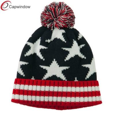 China American Flag Pom Knit Beanie Winter Hats Acrylic for Adult / Unisex for sale