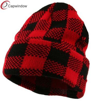 China Red Black Buffalo Plaid Cuff Beanie Winter Hats with Cozy Soft and Light Fabric for sale