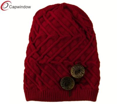 China Red Two Large Button Accent Knit Winter Hats with Acrylic Ribbed Brim for sale