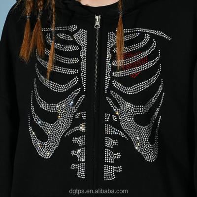 China Easily Transferred Custom Designer Rhinestone Logo Skeleton Hoodie Transfers For Apparel for sale