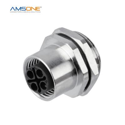 China AMSONE Custom Military M12 Female 3 4 Pin S Code Panel Receptacle Front Mount Waterproof P67 Industrial Circular Terminal Connector for sale