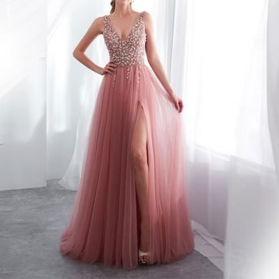 China 2020 Anti-wrinkle Graduation Party Wholesale Sparkly Beaded Long Dress Sexy Open Leg Prom Dress for sale