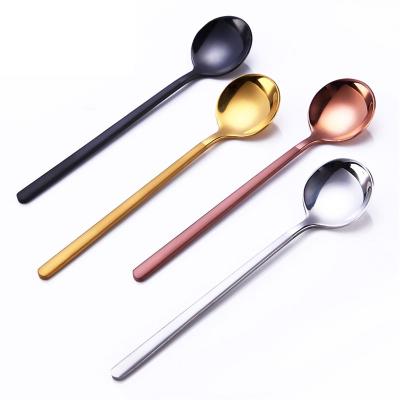 China Yijia 304 Stainless Steel Coffee Viable Creative Dessert/Ice Serving Long Handle Korean Spoon Drink Mixing Small Round Spoon for sale