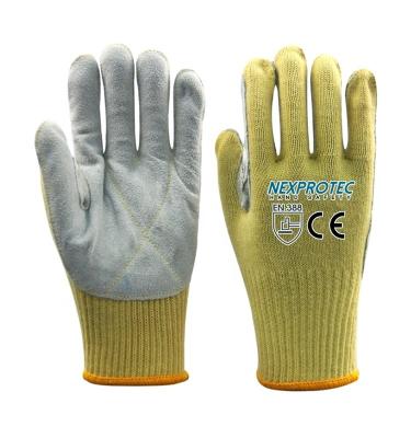 China ARAMID 1414 Gauge 7 Knit Level 3 Aramid Liner Palm Liner Split Cut Heat Resistant Leather Protective Work Glove for sale