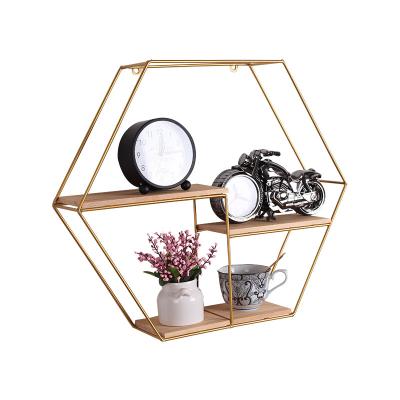 China New Home Design Handwork Floor Custom 3 Decor Iron Wall Art Hexagon Shelving Classic/Postmodern Wood Rack Accessories For Living Room for sale