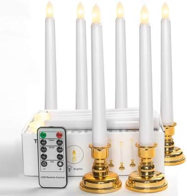 China Color Changing/Timer/Water-Resist Set of 6 Flameless Battery Operated White LED Taper Window Candles with Timer, Gold Removable Candle Stands with Remote Control for sale