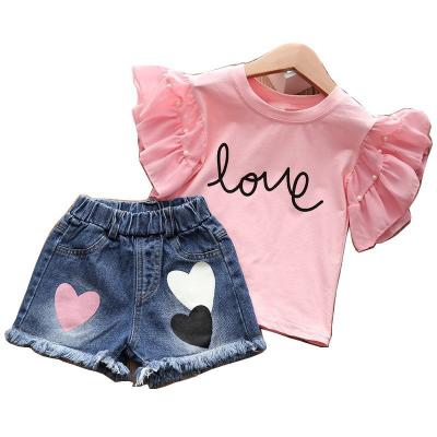 China Casual Summer Toddler Girls Clothes Kids Outfits 2Pcs Jeans Pants Pink Girls Love Lettter Tracksuit Suit For Girls for sale