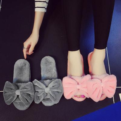 China Anti-Smell Fur Flip Flops Bow Fur Slides Women Designer Soft Winter Sandals Warm and Comfortable Home Slippers Ladies Shoes for sale