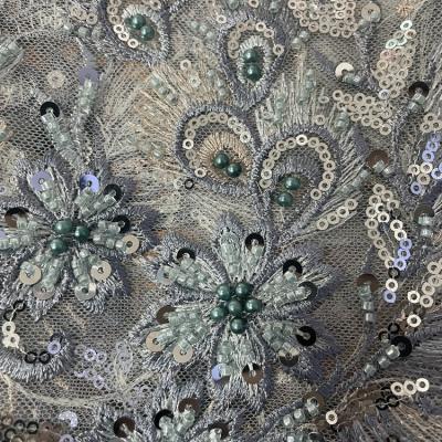 China 3D Professional Design 3D Tulle Mesh Embroidery Fabric Gold Blue Beaded Lace Fabric for sale