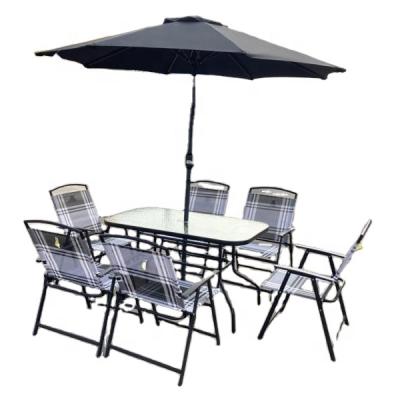 China Comfortable 8 Piece Black Patio Garden Garden Furniture Set with Umbrella Table and Set of 6 Folding Chairs for sale