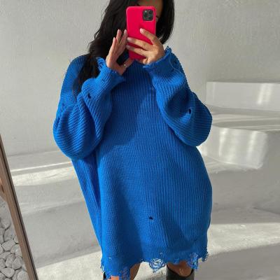 China Autumn Winter Loose Solid Color Fashion Breathable Temperament Ripped Sweater Mid Length Round Neck Sweater Long Sleeved Women's Sweater for sale